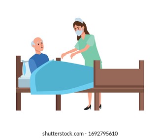 Nurse Attending Old Man In Bed Vector Illustration Design