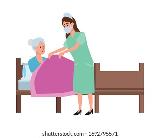 nurse attending old woman in bed vector illustration design