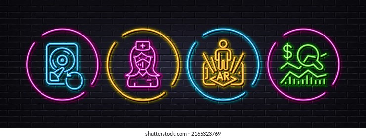 Nurse, Augmented reality and Recovery hdd minimal line icons. Neon laser 3d lights. Check investment icons. For web, application, printing. Medical mask, Phone simulation, Backup info. Vector