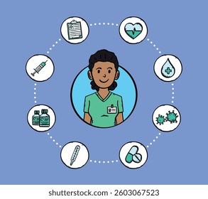 Nurse avatar with icons around. Electric icon, tablets, thermometer, syrup, syringe, notebook, heart and drop with a cross. Hand drawn vector graphics in sketch style.