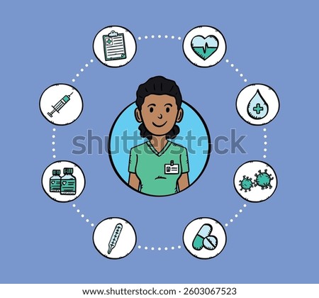 Nurse avatar with icons around. Electric icon, tablets, thermometer, syrup, syringe, notebook, heart and drop with a cross. Hand drawn vector graphics in sketch style.