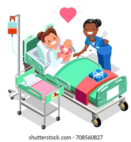 Nurse with baby doctor or nurse patient care 3D flat isometric hero people emotions in isometric day hospital cartoon style medical icon vector illustration images.