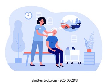 Nurse bandaging head of sad female patient after car accident. Woman thinking about vehicles bumping flat vector illustration. Medicine, accident concept for banner, website design or landing web page