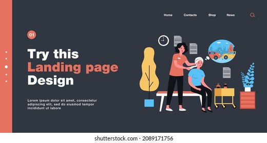 Nurse bandaging head of sad female patient after car accident. Woman thinking about vehicles bumping flat vector illustration. Medicine, accident concept for banner, website design or landing web page