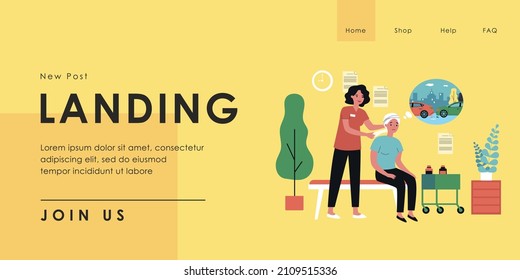 Nurse bandaging head of sad female patient after car accident. Woman thinking about vehicles bumping flat vector illustration. Medicine, accident concept for banner, website design or landing web page