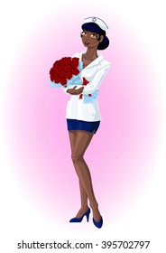 The nurse with black hair with a bouquet of scarlet red roses
