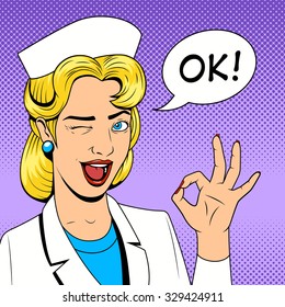 Nurse blonde seductive winks show ok sign. Retro style halftone vector illustration