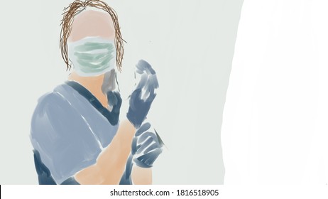 Nurse In A Blue Hospital Gown Wearing Glove And In A Mask During Covid 19 