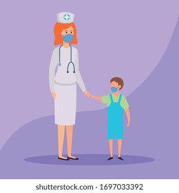 nurse and boy with face mask vector illustration design