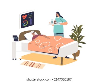 Nurse bringing pills medication to elder patient woman lying on hospital bed. Senior female on medical treatment in clinic. Hospitalization of old. Cartoon flat vector illustration