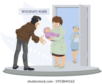 Nurse brings newborn baby to happy father. Man in maternity ward. Healthcare and Medicine. Illustration concept for mobile website and internet development.