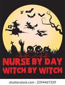  Nurse by day witch by witch Halloween groovy T-shirt design