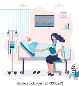 Nurse came to visit elderly patient. Hospital room interior design. Sick grandfather connected to heart rate monitor. Doctor support grandpa. Old man is given drip in clinic. Flat vector illustration