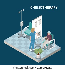 Nurse And Cancer Patient Reading Book During Chemotherapy Isometric Composition On Colored Background 3d Vector Illustration