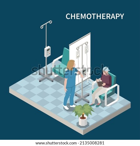 Nurse and cancer patient reading book during chemotherapy isometric composition on colored background 3d vector illustration