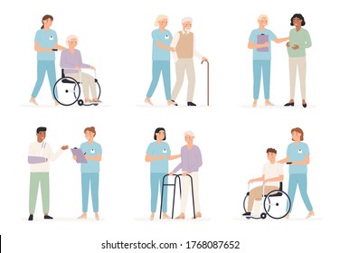 Nurse cares of patient. Family doctors with people in hospital, x ray examination. Care for elderly and disabled healthcare vector concept. Pregnant woman consultation, checking broken arm, leg
