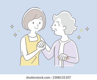 nurse caring for the elderly in hospital vector illustration Nursing home, hospital, recuperation, rehabilitation concept happy old woman holding hands with nurse together, doctors in clinic care