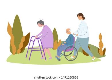Nurse caring for an old patient flat vector illustration. Elderly care, nursing home and assisting old patients concept. Senior man in a wheelchair and old woman with a cane walk with a nurse outdoor