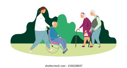 Nurse caring for an old patient flat vector illustration. Elderly care, nursing home and assisting old patients concept. Senior man in a wheelchair with a nurse, old woman and man  with a cane walk