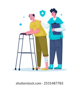 Nurse caring for a patient with leg pain, Elderly person practicing walking with crutches, Vector illustration