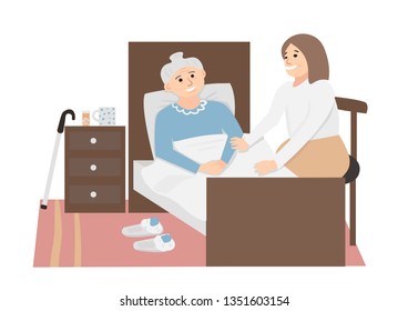 Nurse caring for a sick elderly woman lying in bed. Smiling helper holding the hand of an elderly patient. Care and emotional support for single people. Vector illustration.