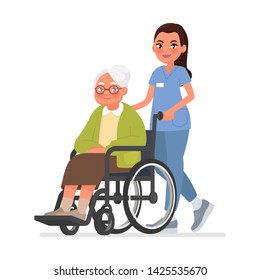 Nurse carries a grandmother in a wheelchair. Old woman in rehabilitation on a hospital. Caring for the elderly. Vector illustration in cartoon style