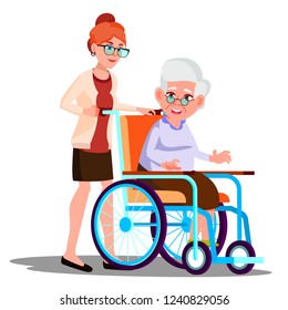 Nurse Carrying A Disabled Old Woman In Wheelchair Vector. Isolated Cartoon Illustration
