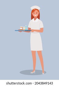 nurse carrying medicine in a tray. Vector illustration in a flat style.