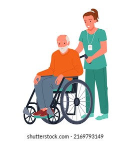 Nurse carrying wheelchair with sitting old patient vector illustration. Cartoon isolated young female caregiver character of hospital, sanatorium or nursing home taking care of happy senior man