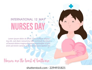 Nurse in cartoon character holding a heart shape pillow with wording of Nurses day, example texts on white background. International nurse day poster's campaign in flat style and vector design.