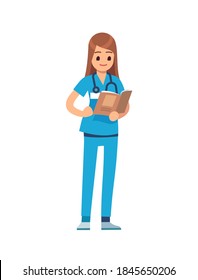 Nurse cartoon medical staff. Female doctor in blue uniform and stethoscope, surgeon or pharmacist standing and smiling, dentist professional medic occupation, flat vector cartoon isolated character
