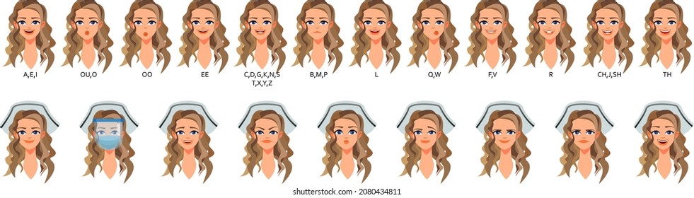 Nurse. Character for animation. Different facial expressions. Pronunciation of letters