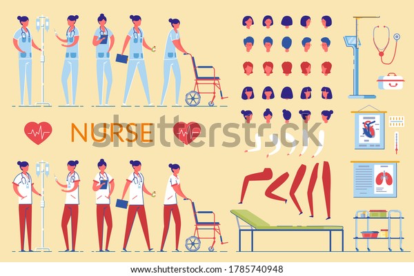Nurse Character In Hospital Uniform Flat Cartoon Vector Illustration Doctor In Different Views 3533