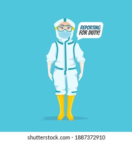 Nurse Character Illustration wearing ppe hazmat suit reporting for duty
