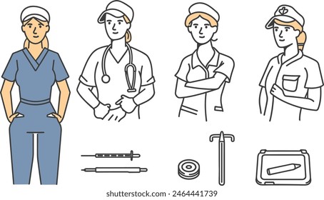 Nurse character set line art vector, healthcare, medical, profession, uniform, stethoscope, caring, line art vector illustration, modern line art.