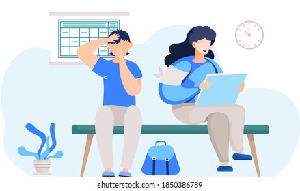 Nurse character sitting on the bench and communicating with a teenager. Social worker with a questionnaire is conducting a survey at school. Woman medical specialist consultation at cabinet