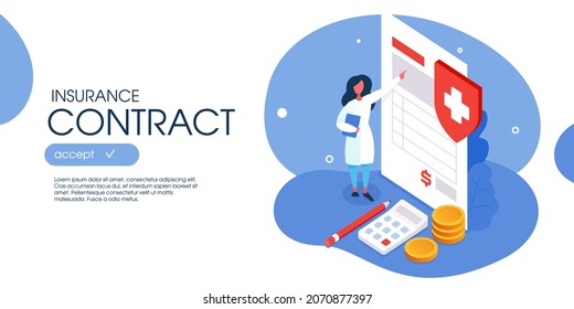 Der Charakter der Krankenversicherung steht in der Nähe eines Krankenversicherungsvertrags mit medizinischem Schild, Münzen und Taschenrechner. Krankenhauspersonal, das die Seite des medizinischen Dokuments ausfüllt. Kosten der Gesundheitsversorgung flach isometrische Vektorgrafik.