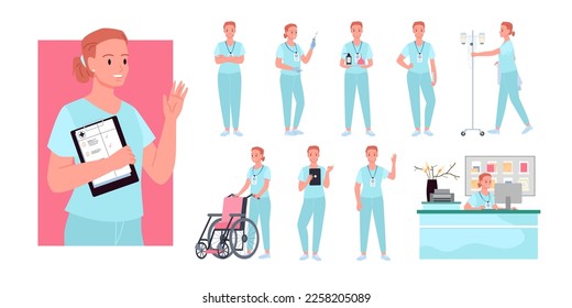 Nurse characters gestures and poses set vector illustration. Cartoon young woman in medic uniform, professional female hospital worker holding wheelchair, syringe and medical dropper, crossing arms