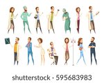 Nurse characters set in cartoon retro style with men and women in different activities isolated vector illustration 