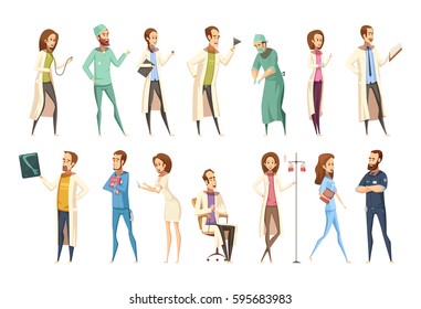 Nurse characters set in cartoon retro style with men and women in different activities isolated vector illustration 