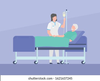 nurse check patients infuse with old man lying on bed with simple flat style