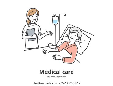 A nurse checking the condition of an elderly female inpatient