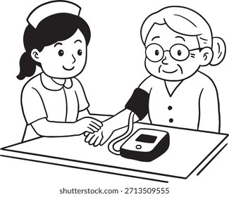 Enfermera revisando la presión arterial de una mujer mayor con un monitor digital. Trabajador de la salud que presta servicio y chequeo médico para un paciente de edad avanzada. Ilustración de arte de línea dibujada a mano.
