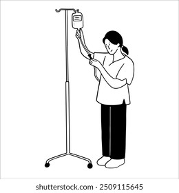 Enfermeira verificação IV gotejamento, ilustração desenhada à mão