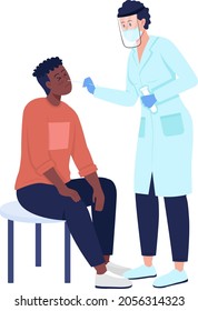 Enfermera revisando el carácter vector de color semiplano del paciente. Diversas figuras. Gente de cuerpo entero en blanco. Prueba para la ilustración de estilo de dibujos animados modernos aislados por virus para el diseño gráfico y la animación