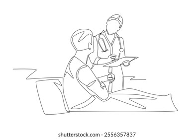 Nurse checking patient. Visiting nurse concept one-line drawing