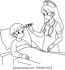 Nurse checking a patient's temperature in a hospital room outline coloring page