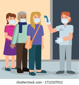 Nurse is checking some peoples body temperature illustration
