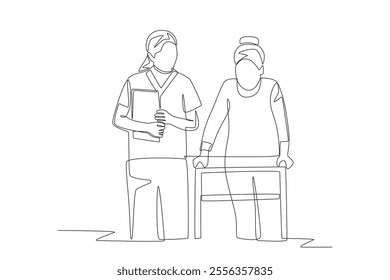 Nurse checks patient's progress. Visiting nurse concept one-line drawing