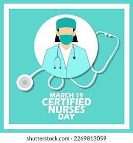 Una enfermera en un marco circular con un estetoscopio y texto en negrita en un marco con fondo azul claro para conmemorar el Día de Enfermeras Certificadas el 19 de marzo